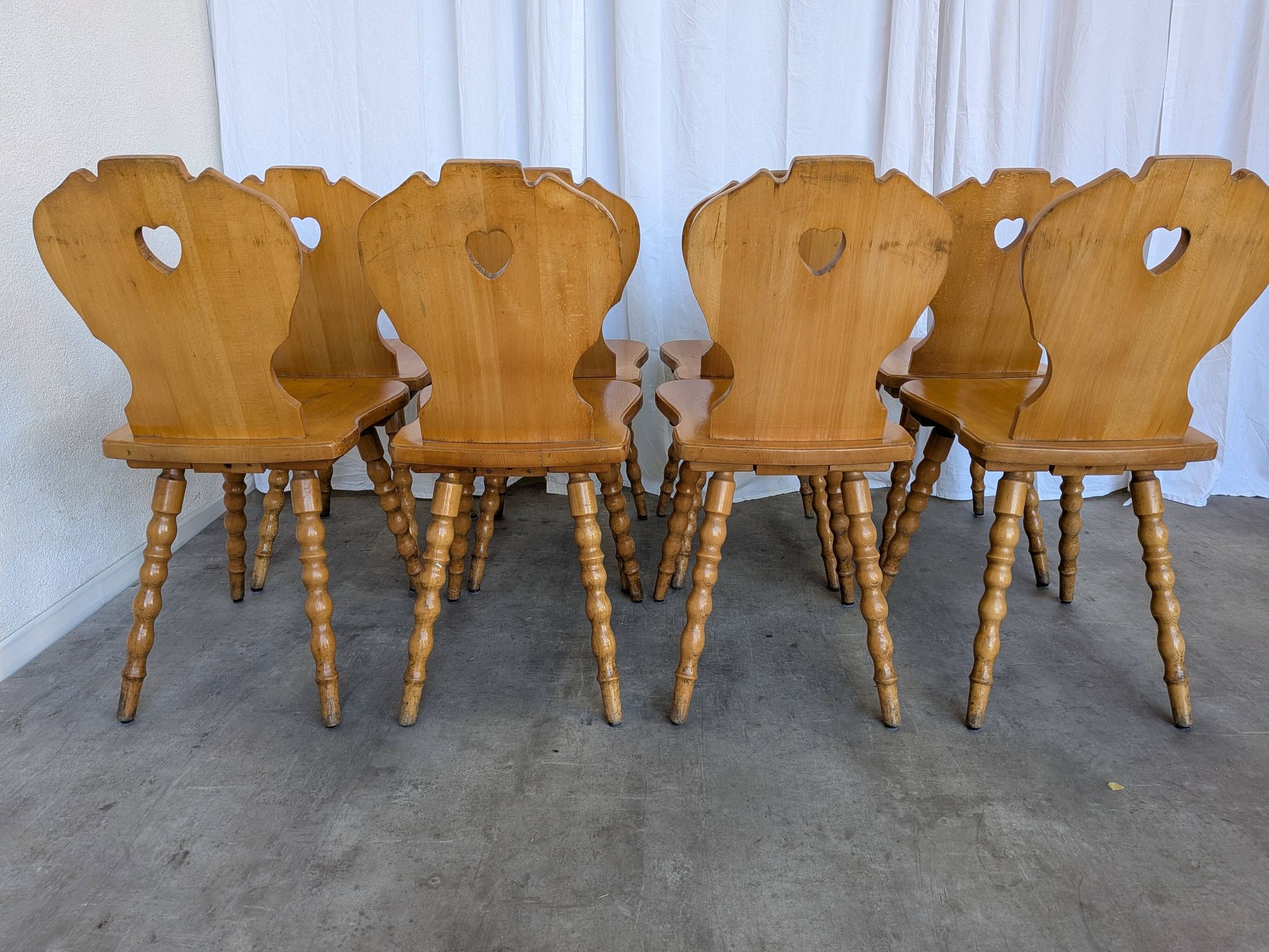 Set of 8 Vintage Tyrolean Heart Cutout Wooden Dining Chairs, Rustic Farmhou