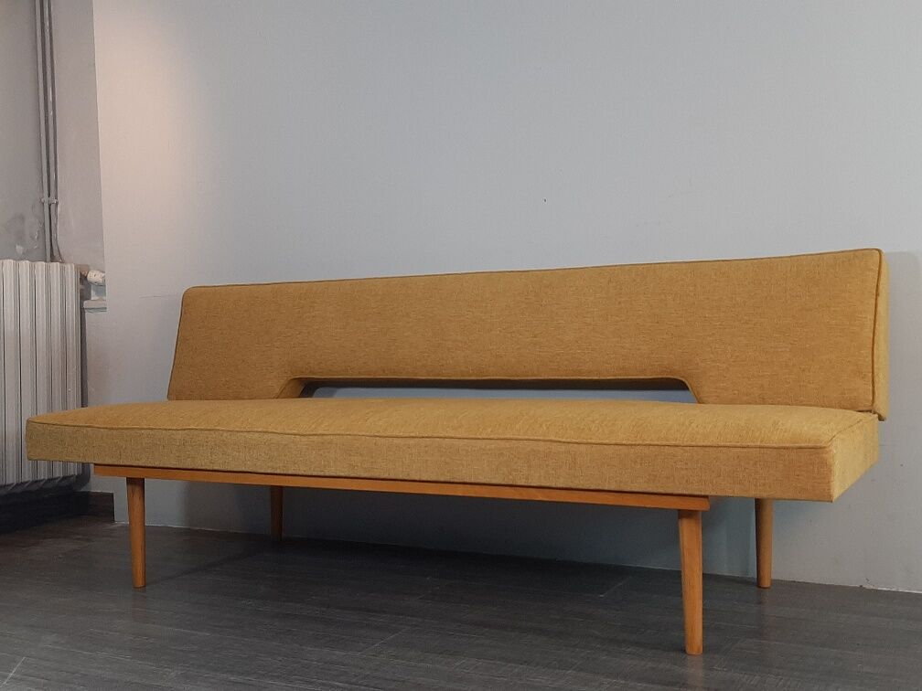 Sofa and daybed in beech and mustard fabric by Miroslav Navratil, vintage Czechoslovakia 1960s