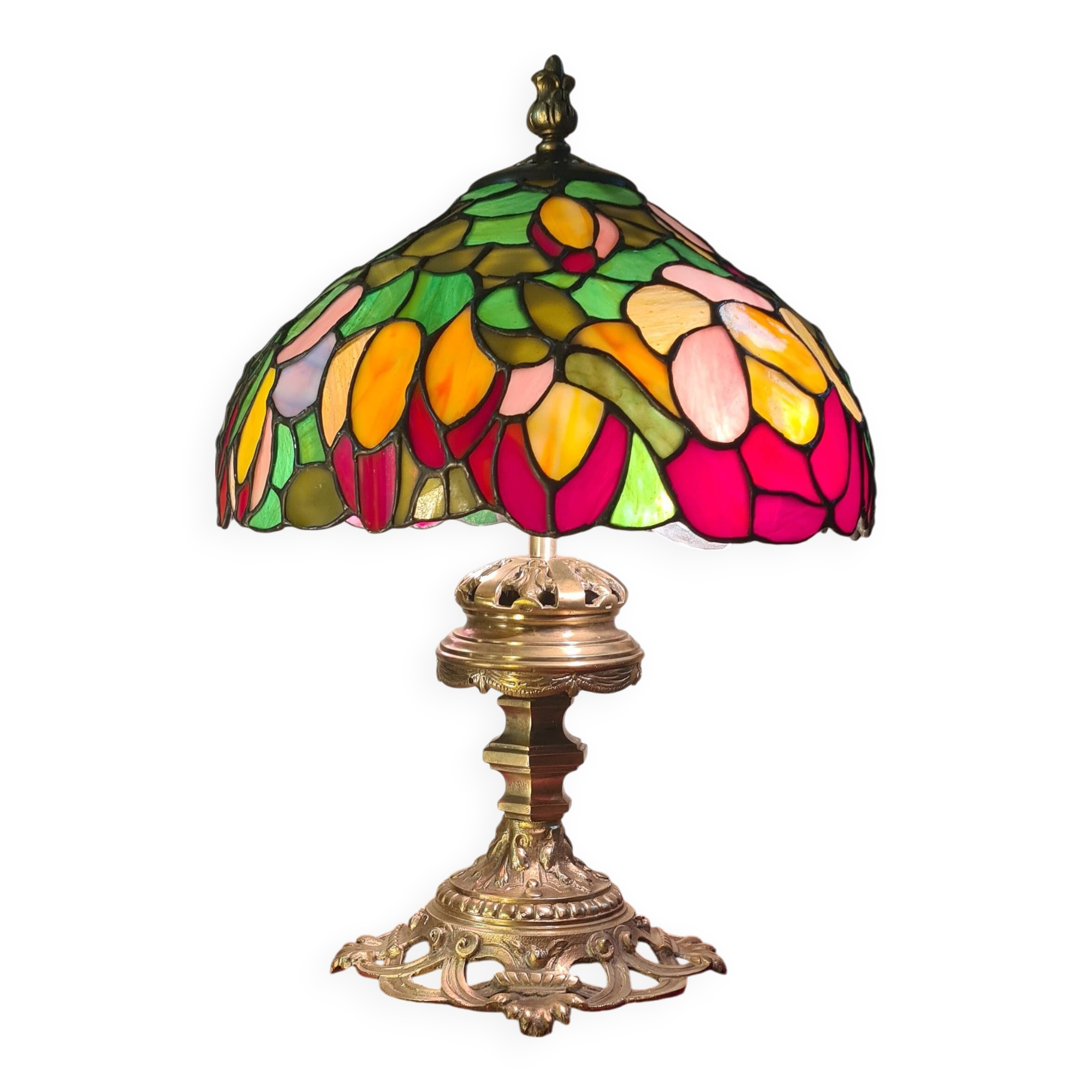 antique bronze lamp and stained glass shade