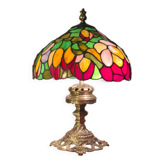 lampe bronze  ancienne et abat jour verre vitrail