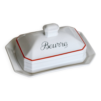 Beurrier vintage porcelaine blanche “Beurre” liseré rouge bistrot
