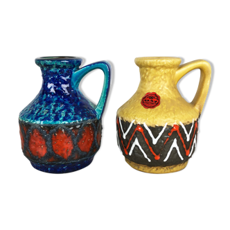 Set of 2 Multi-Color Fat Lava Op Art Pottery Vase "215-17" Bay Ceramics, Germany