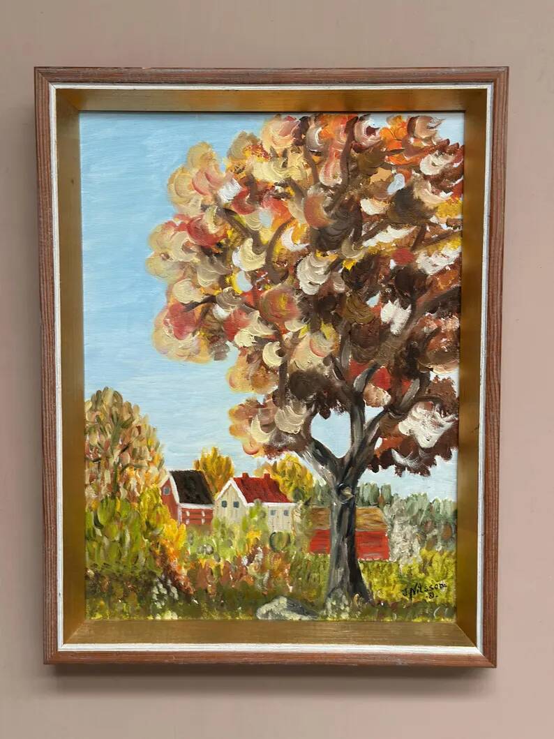 Original Swedish Oil on Canvas - "Autumn Tree" by J. Nilsson - Vintage and Framed - 49 × 38 cm