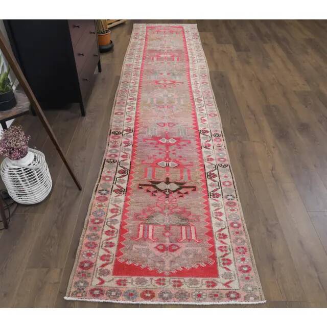 Vintage Turkish Hand-Knotted Pink Runner Rug 90x388