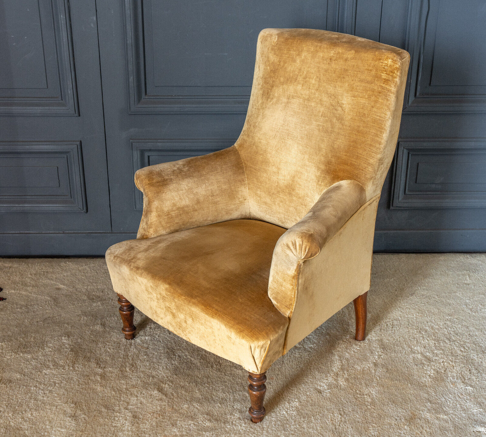 Armchair napoleon iii yellow fabric walnut tops feet late nineteenth
