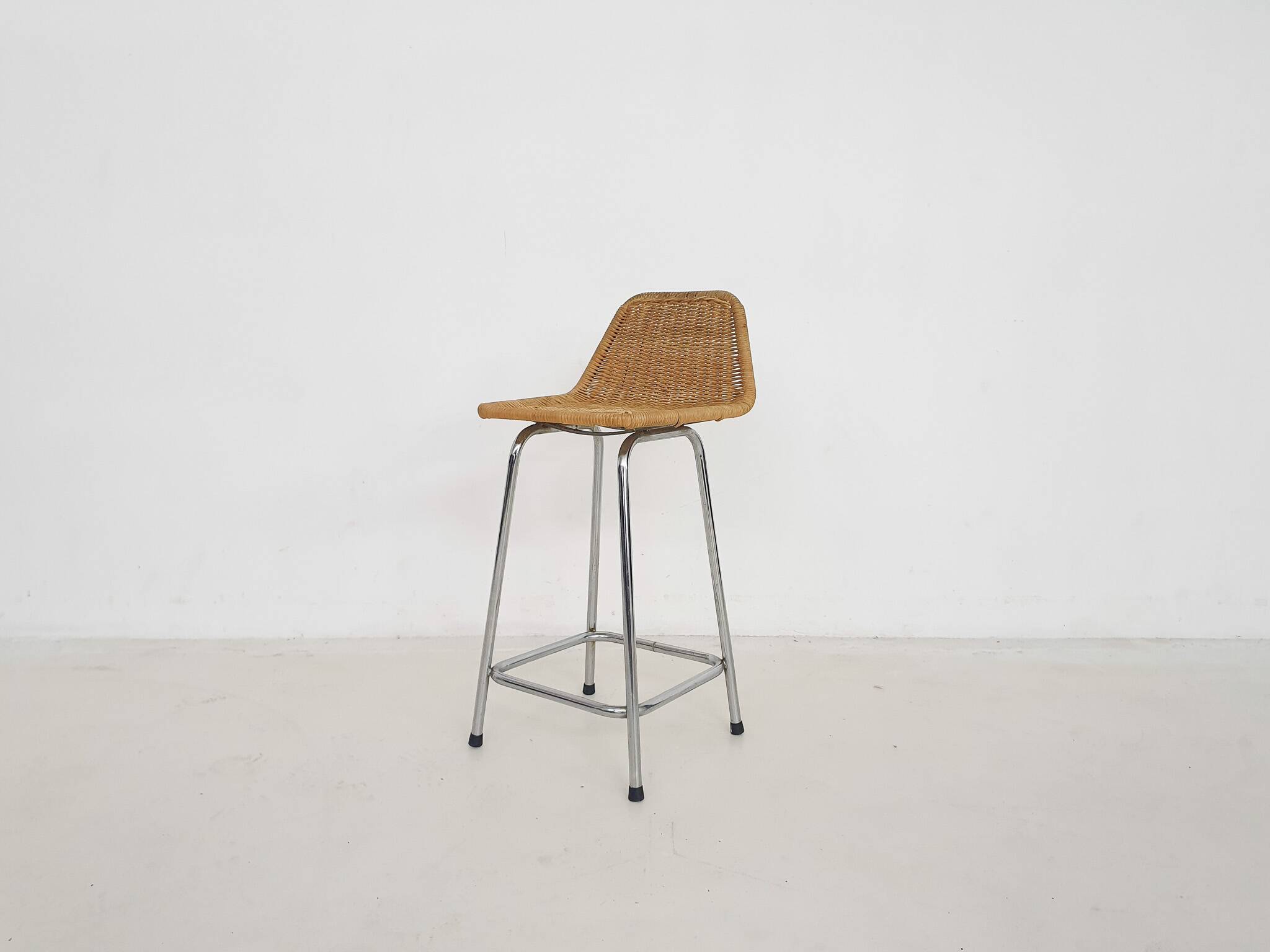 Rohe Noordwolde rattan and metal bar stool, The Netherlands 1950's