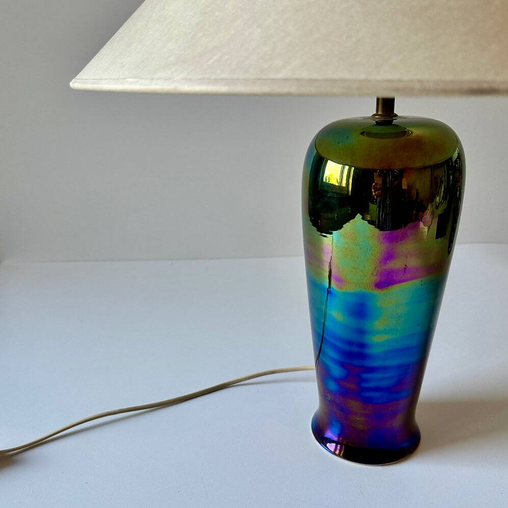 Vintage lavender iridescent ceramic table lamp, 1980s.
