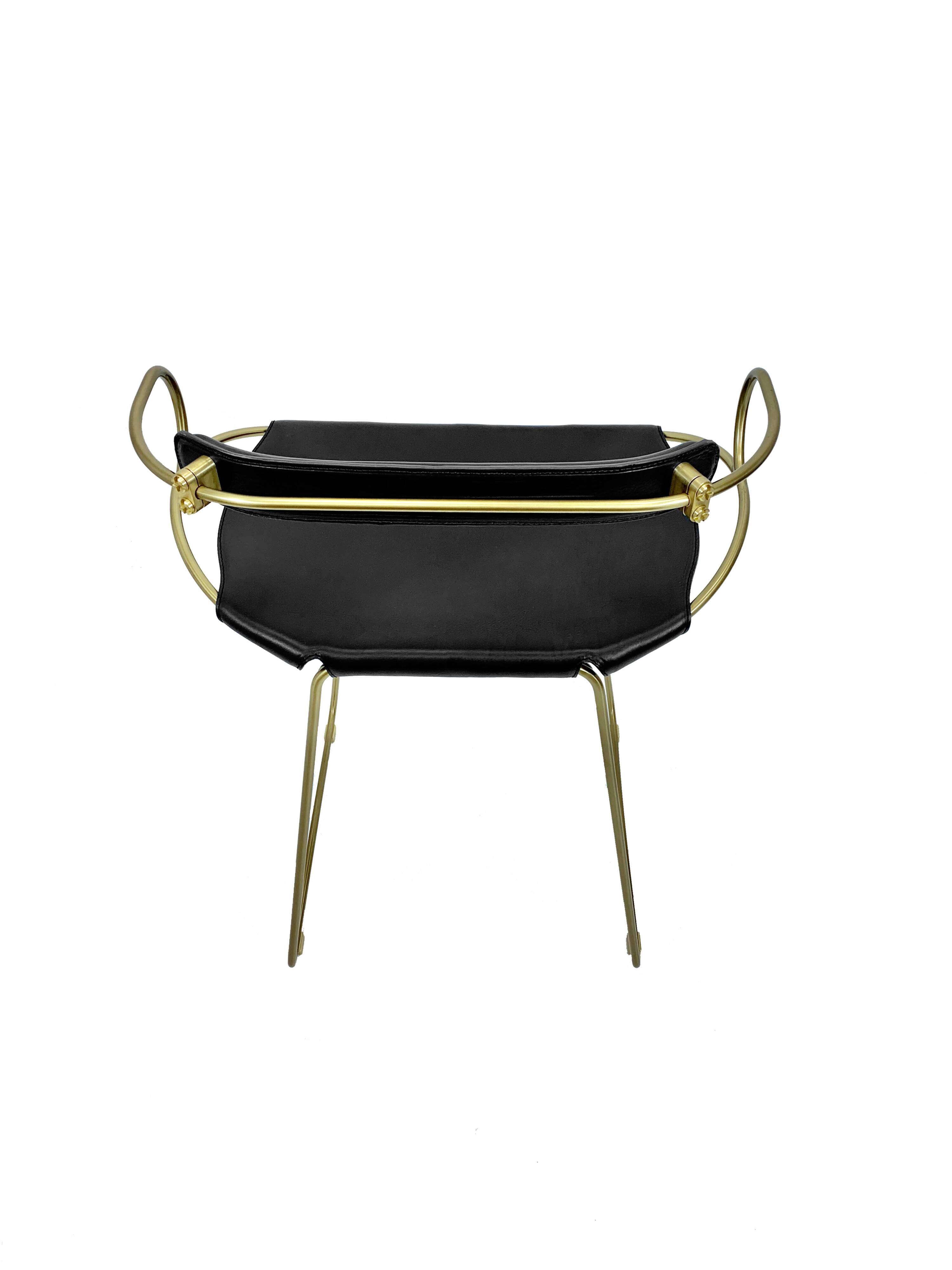 Contemporary Bar Stool with Backrest in Aged Brass Metal and Organic Black Leather