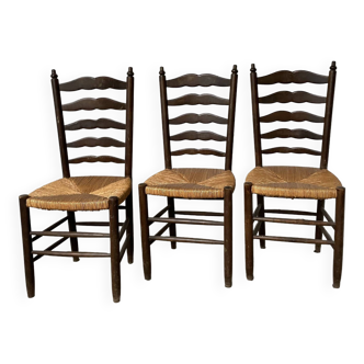 Trio chaises rustiques paille chêne