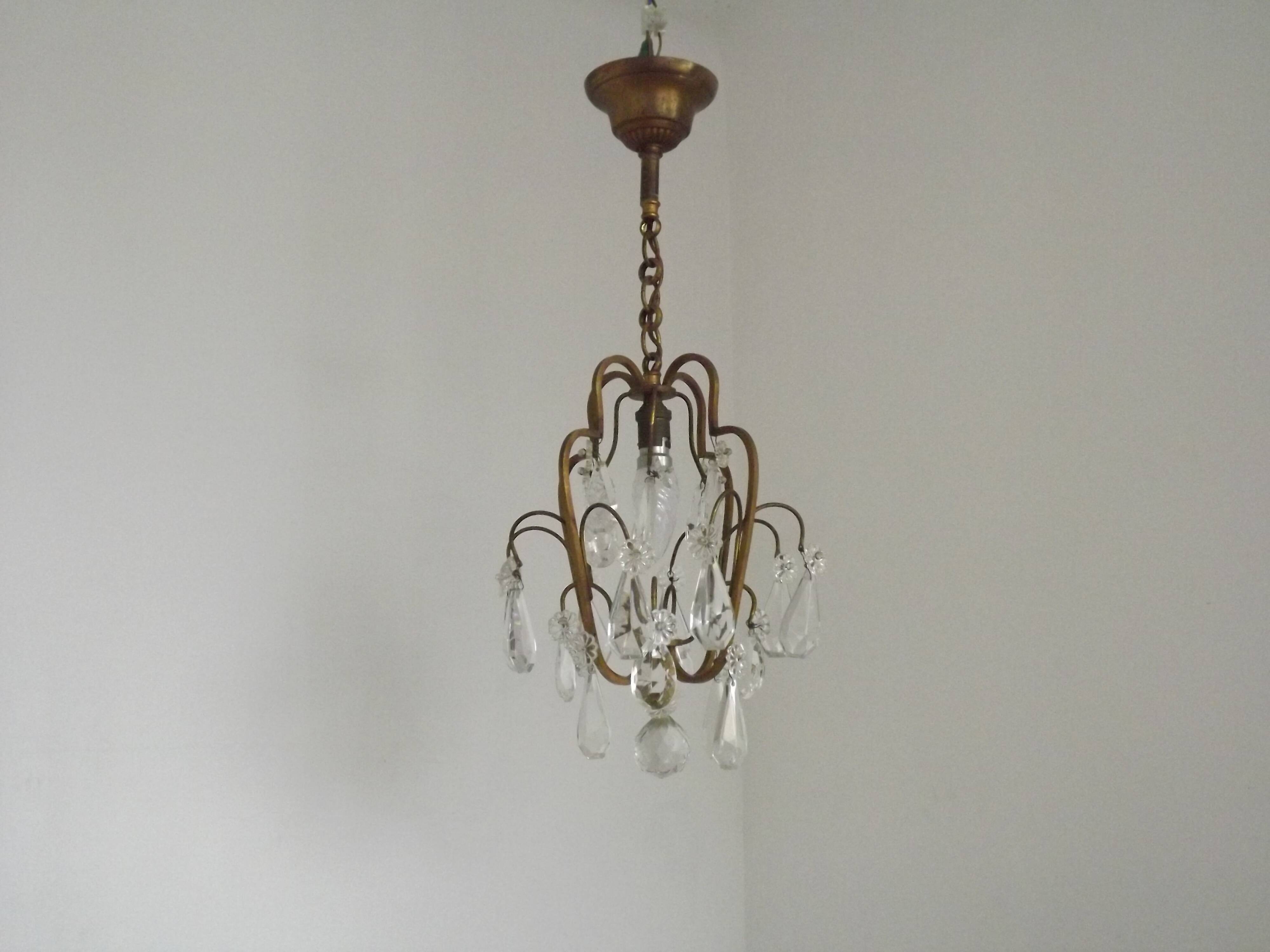 Small French Vintage Brass Single Light 4-Sided Crystal Cage Chandelier