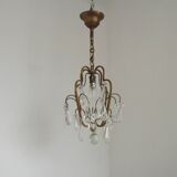 Small French Vintage Brass Single Light 4-Sided Crystal Cage Chandelier