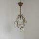 Small French Vintage Brass Single Light 4-Sided Crystal Cage Chandelier
