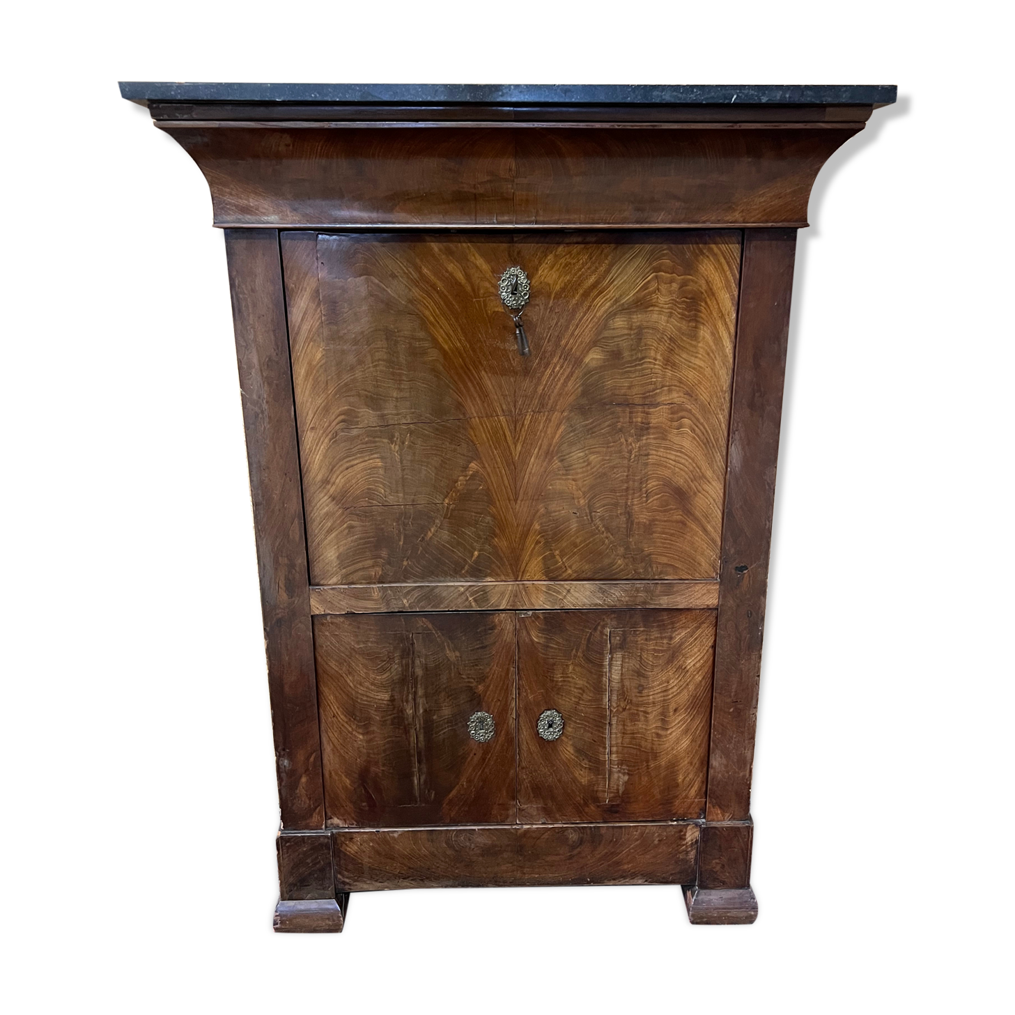 old secretary, Restoration era, lock and clover key, nineteenth century