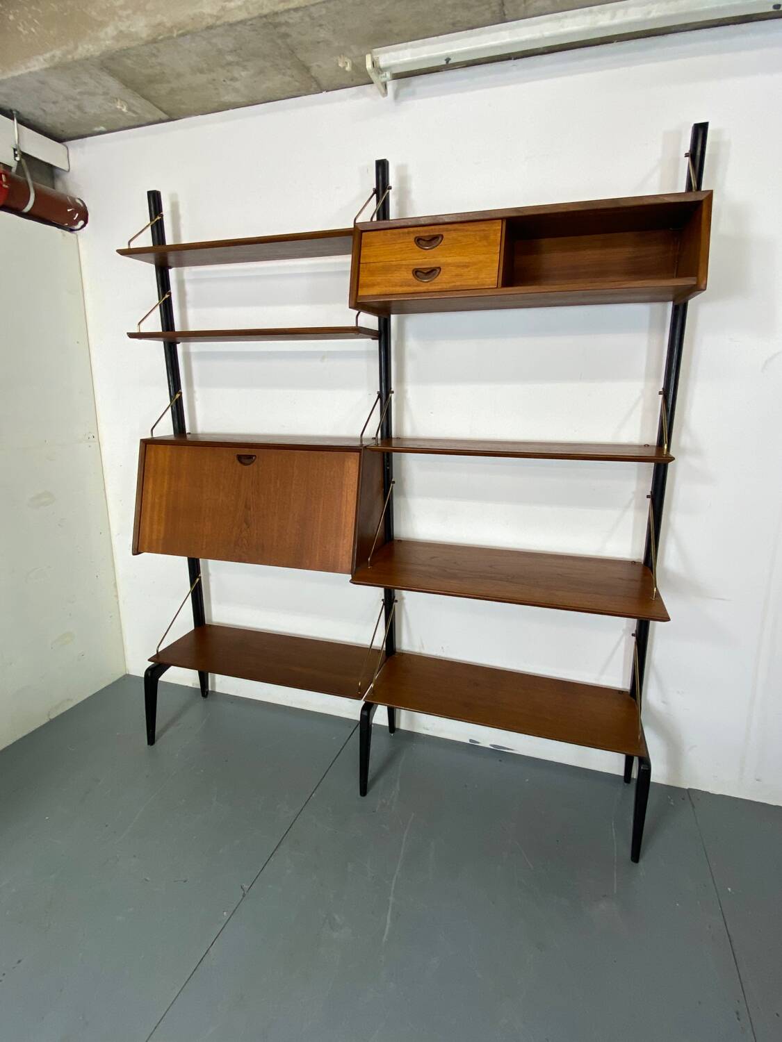 Mid-Century Danish Style Teak and Brass Wall System Unit by Louis Van Teeffelen for Wébé, 1950s