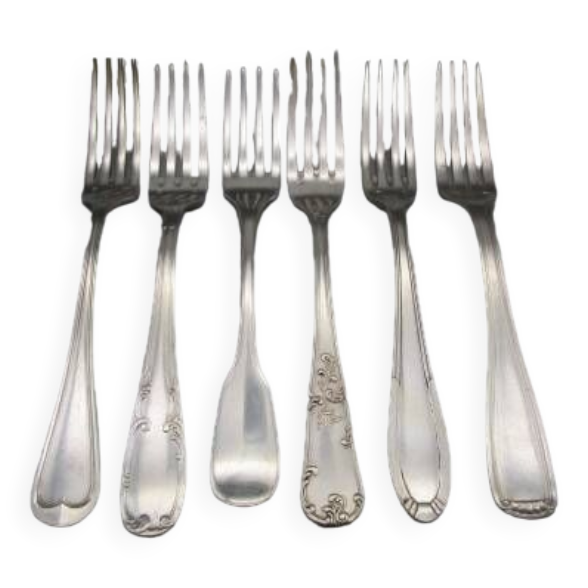 Set of 6 mismatched old silver metal forks for a chic table