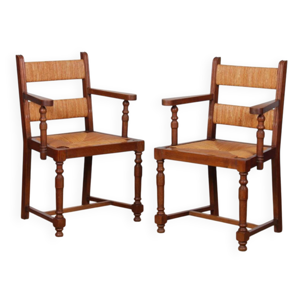 Paire de fauteuils paillés en chêne des années 1950