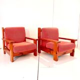 Mid Century Modern Vintage Wood and Red Velvet Armchairs, set of two, Italy 1970