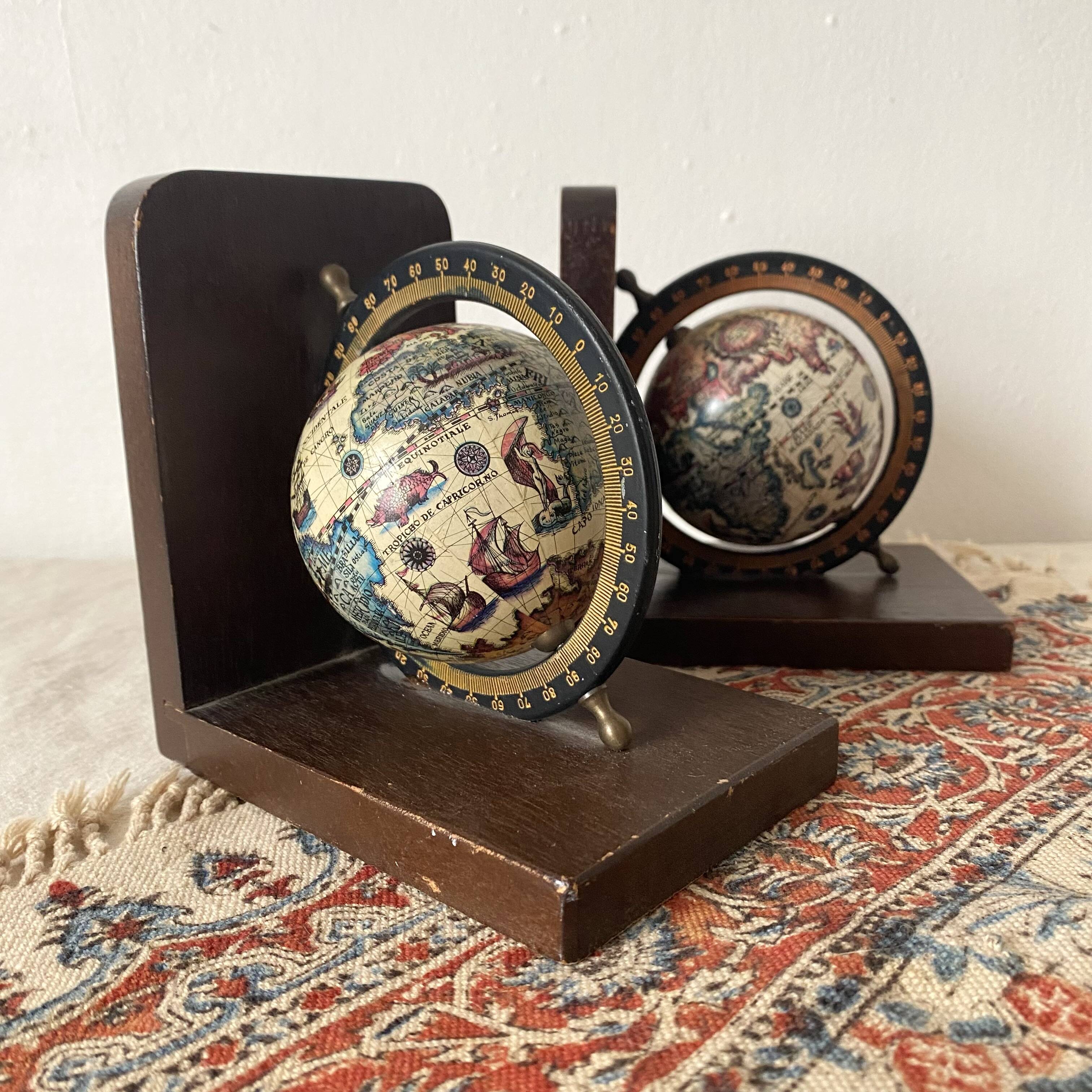 World map bookends terrestrial globes