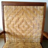 Pair of Art Deco woven rattan armchairs and table