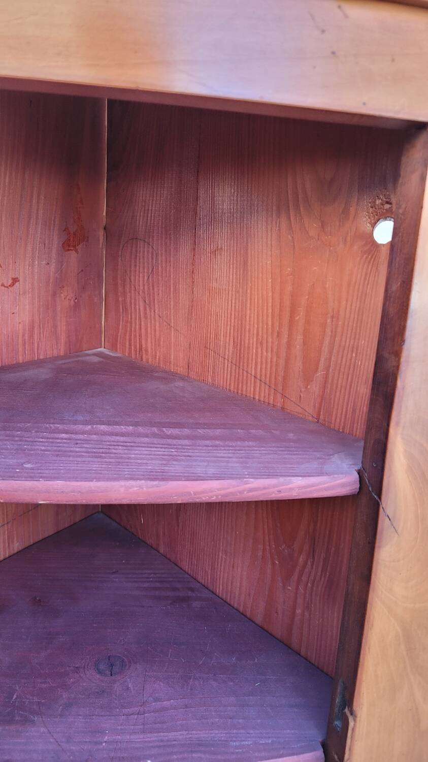 Corner glazed corner cabinet in old cherry wood 1900s