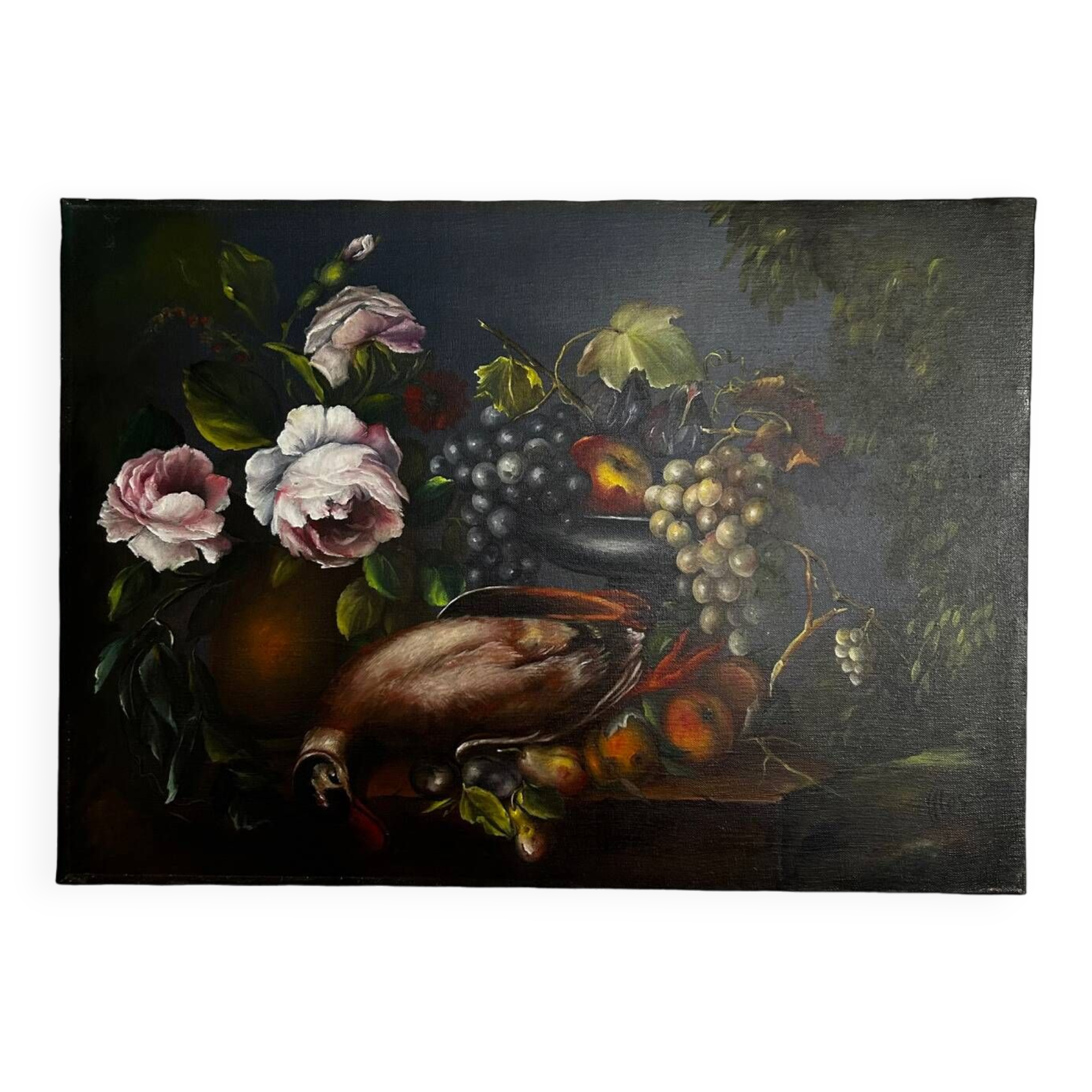 Painting, still life roses, grapes and game