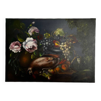 Tableau, nature morte roses, raisins et gibier