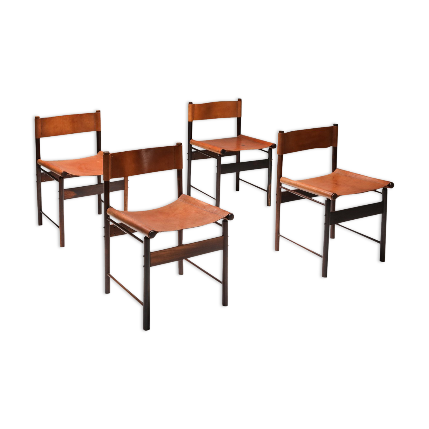 Zalszupin Jacaranda Dining Room Chairs with Saddle 1950 Cognac Leather Seats