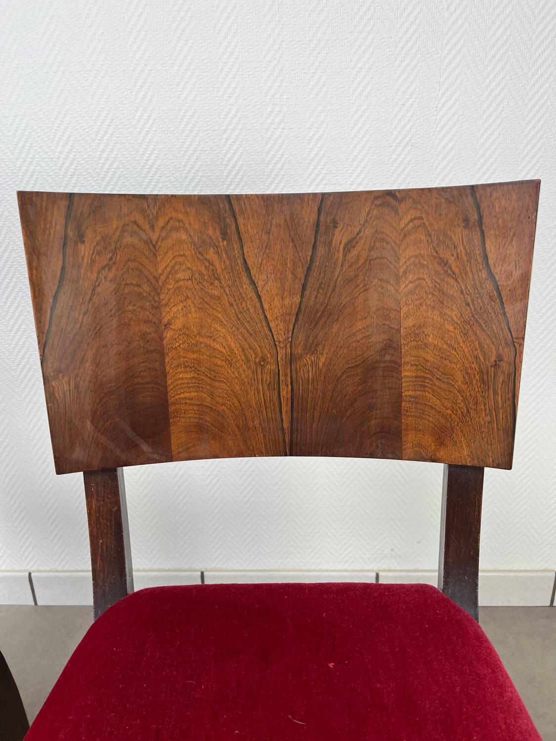 2 Art Deco chairs, red velvet and rosewood.