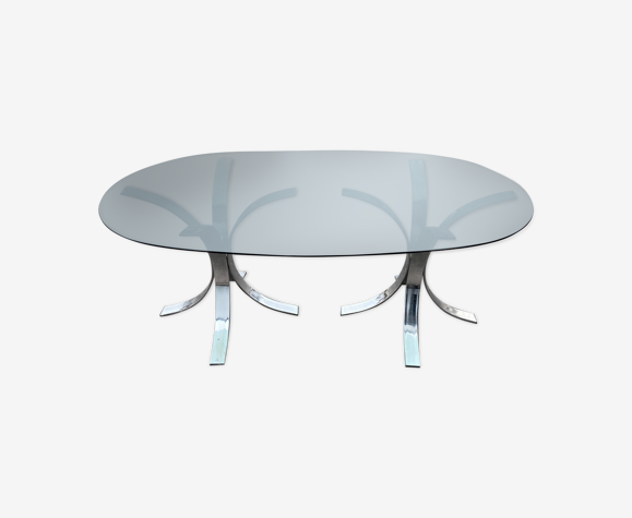 Table à manger des années 70 chrome et verre fumé