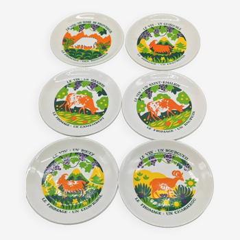 Lot de 6 assiettes à fromage accord vin/fromage français seventies