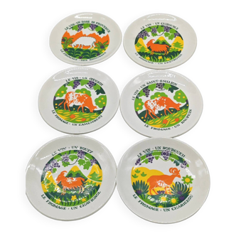 Lot de 6 assiettes à fromage accord vin/fromage français seventies