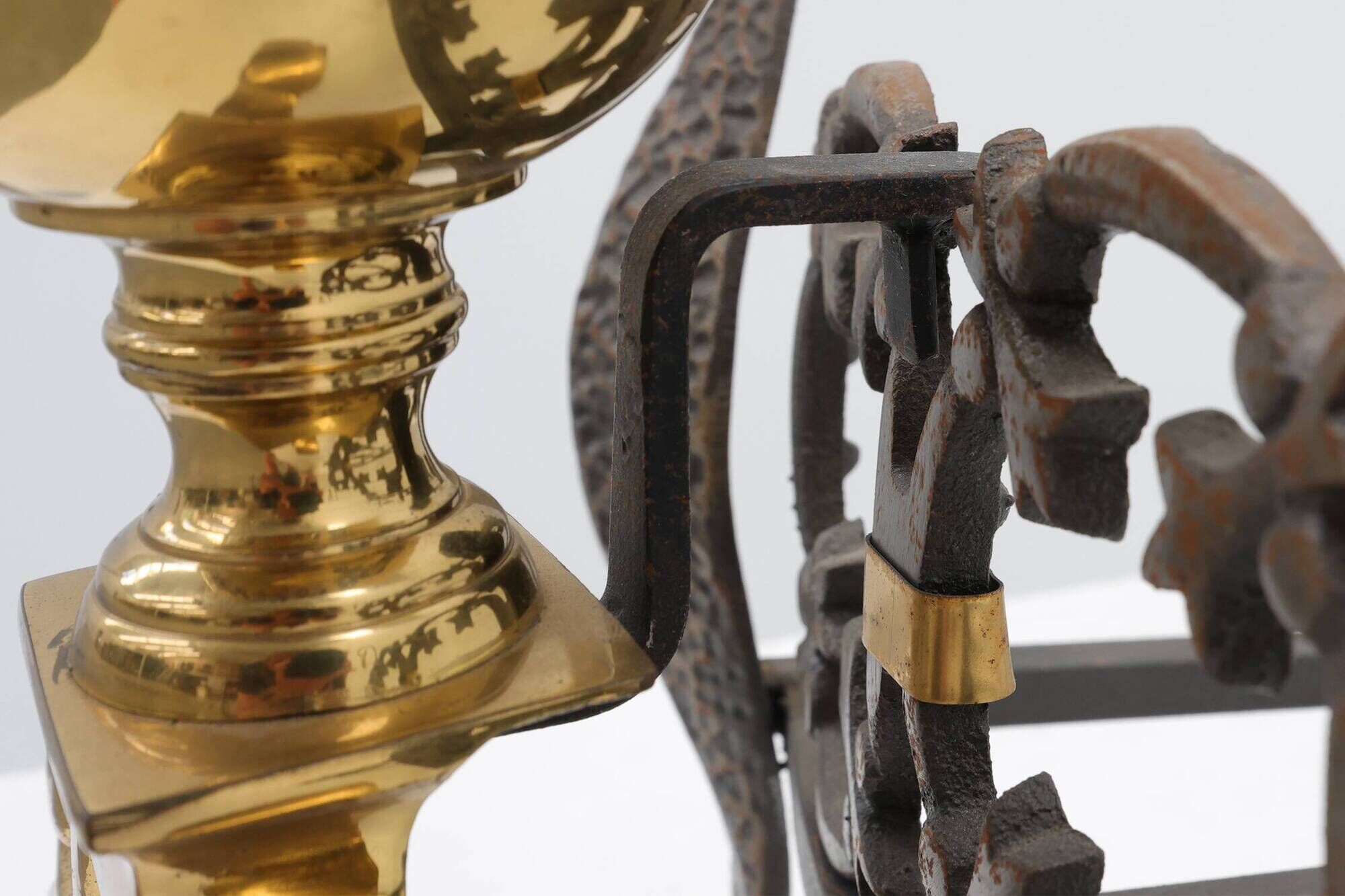 Pair of French Brass Firedogs and Wrought Iron Fireplace Grate, 20th Centur