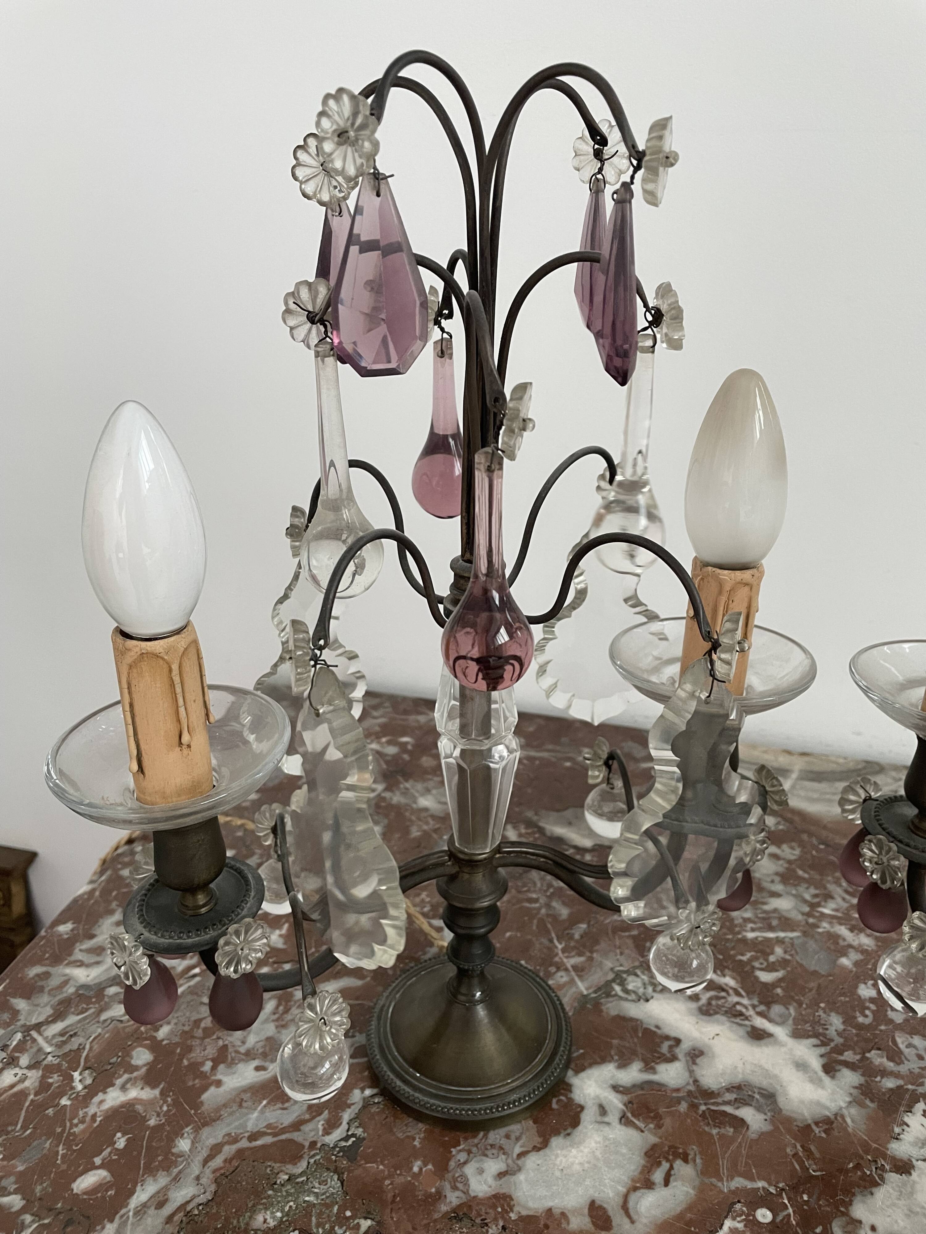 pair of chandeliers, lamp, silver-plated metal, crystal, tassels, florets, pendant, rosettes