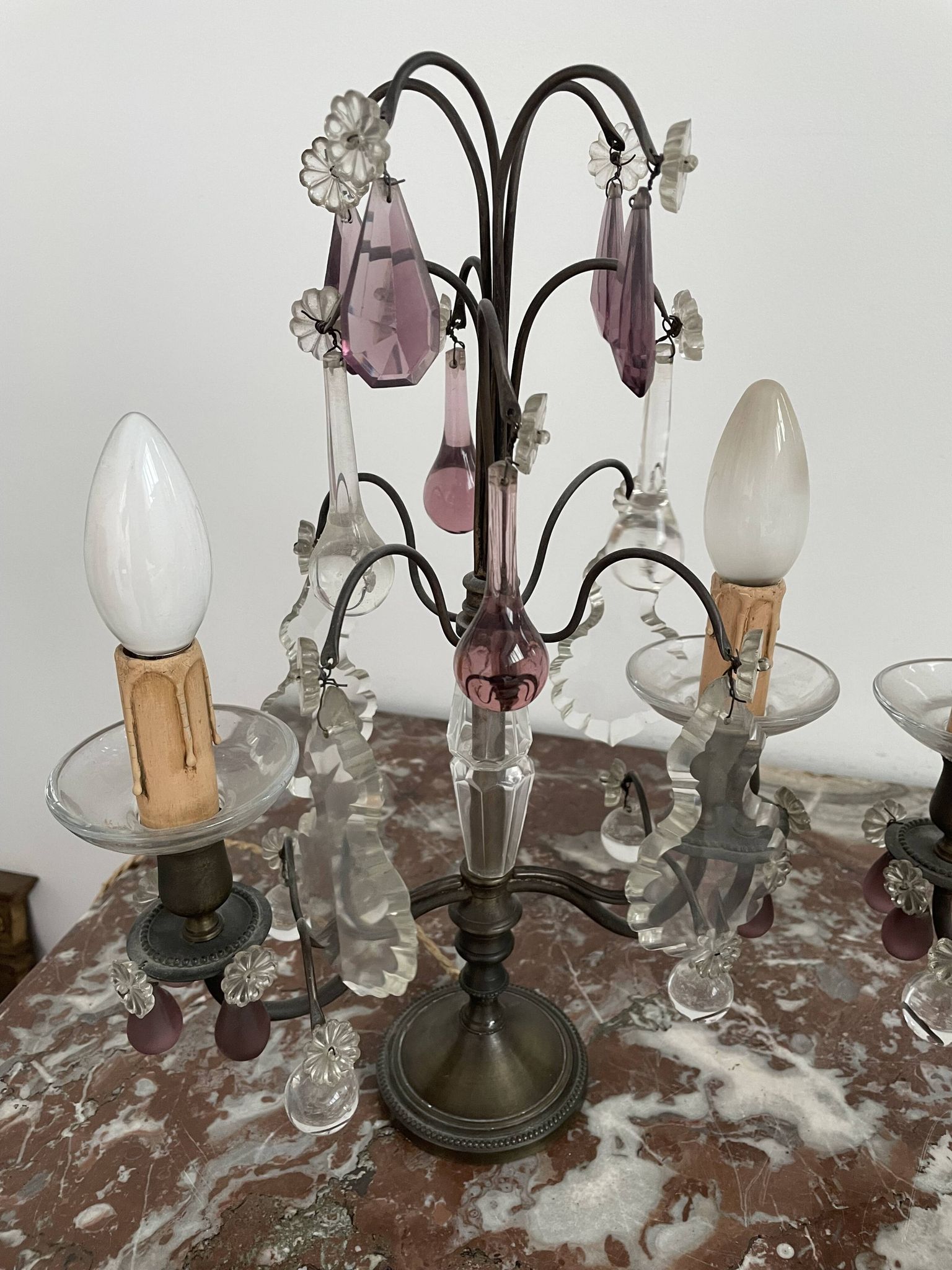 pair of chandeliers, lamp, silver-plated metal, crystal, tassels, florets, pendant, rosettes