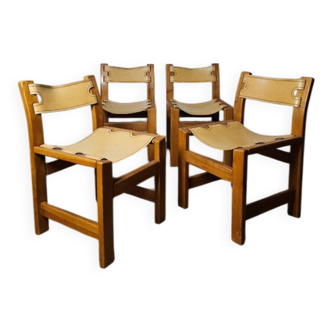 Solid Elm and cream leather chairs, Maison Regain, 1960s.