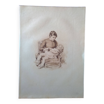 planche en héliogravure Dujardin illustrateur Adrien marie thème enfant   1883 (lire description )