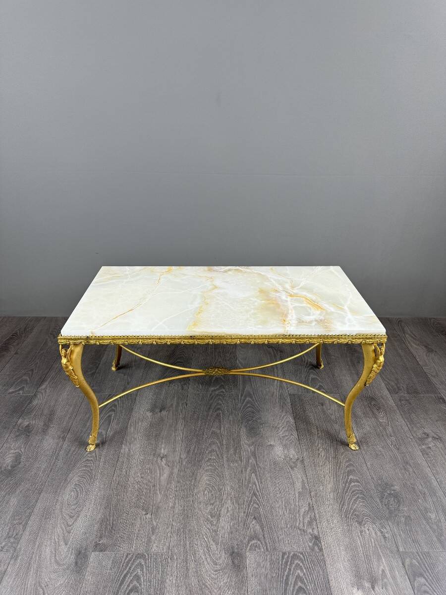 Coffee table in gilded bronze and marble, high-quality decorative work,