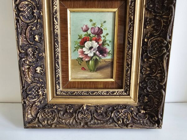 Tableau Huile sur Bois - Bouquet de fleurs polychromes Signé dans cadre mou