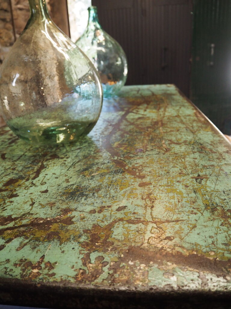 Green patinated metal workshop table 1950