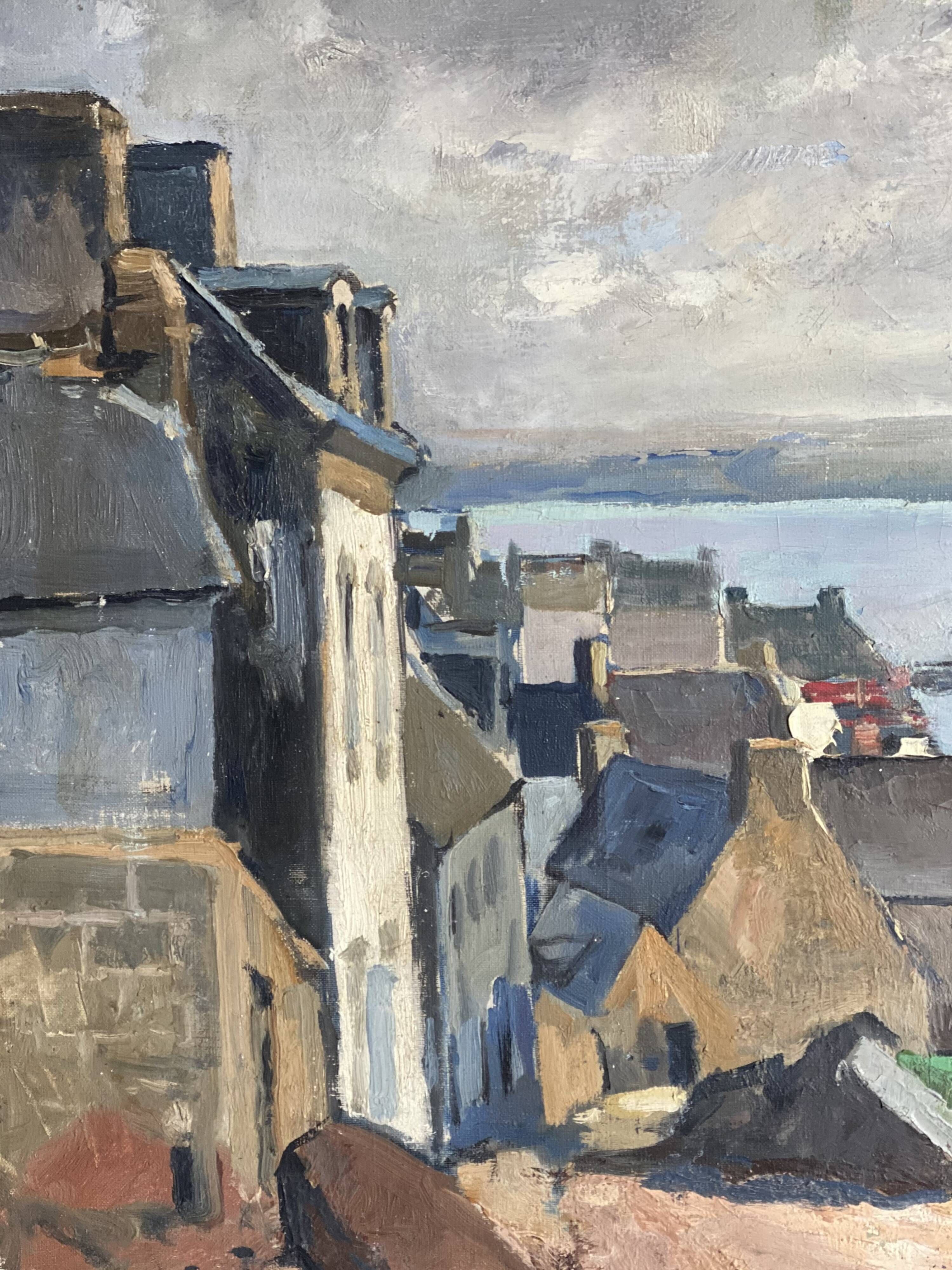 Painting by Paul Morchain, village on the Breton coast (Finistère) and fisherman