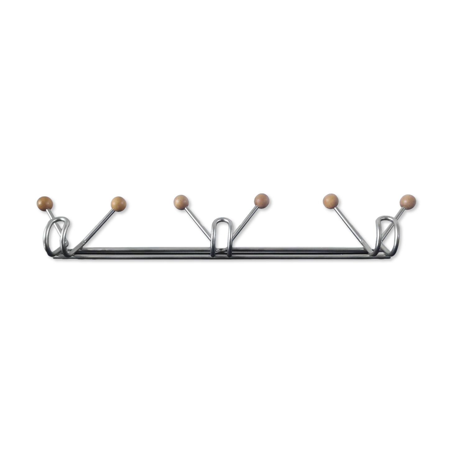 Vintage wall coat rack in brushed metal with wooden balls – Year design