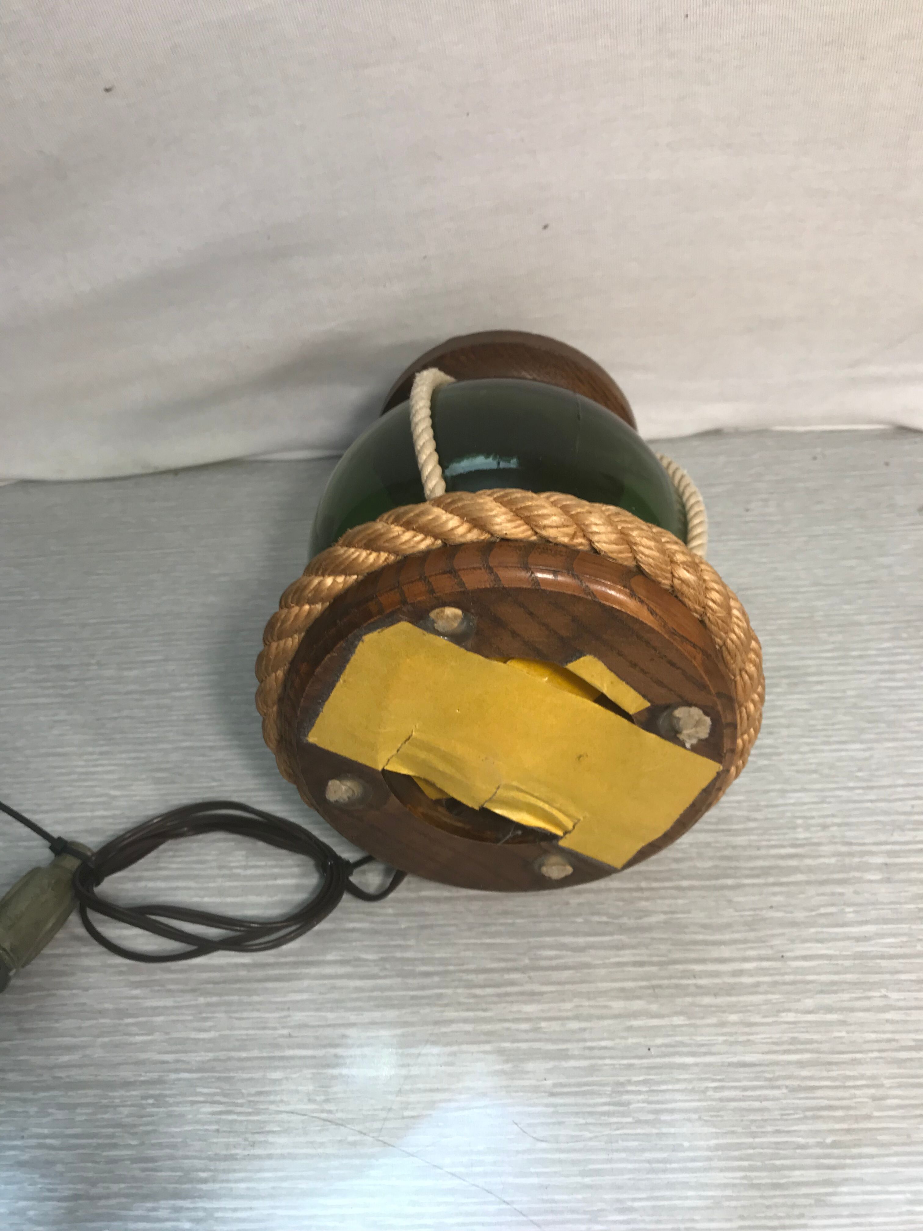 Vintage marine style lamp wood and string with green glass ball reflector