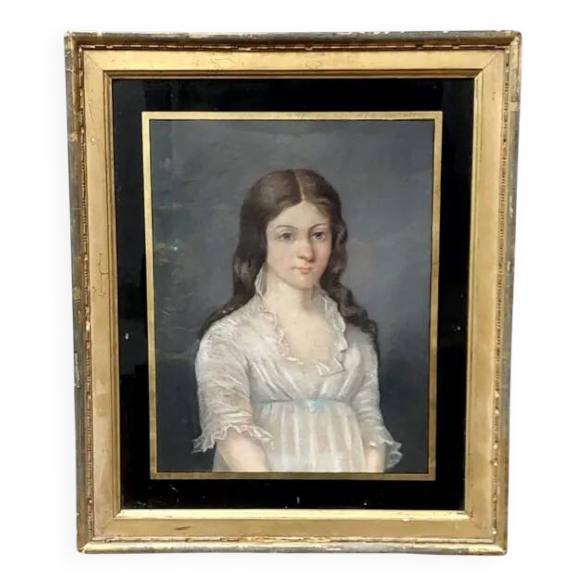 Old pastel portrait on canvas of a young noble, signed and dated 1899 on the back, gilt frame.