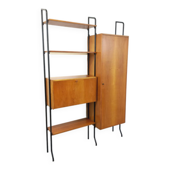 Vintage modular Italian double shelf bookcase in wood and metal from the 60s