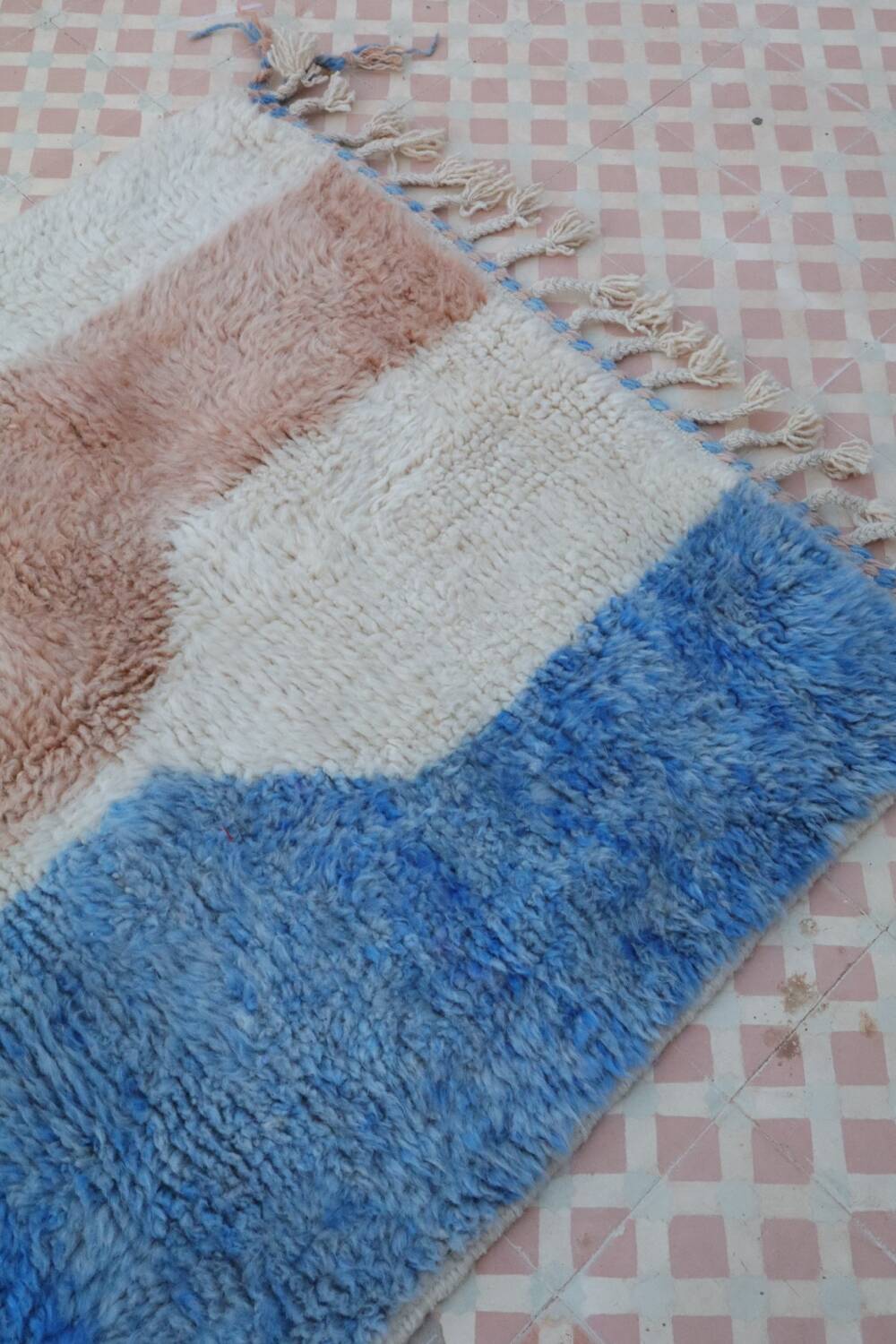 Modern light blue and beige colorful Berber rug