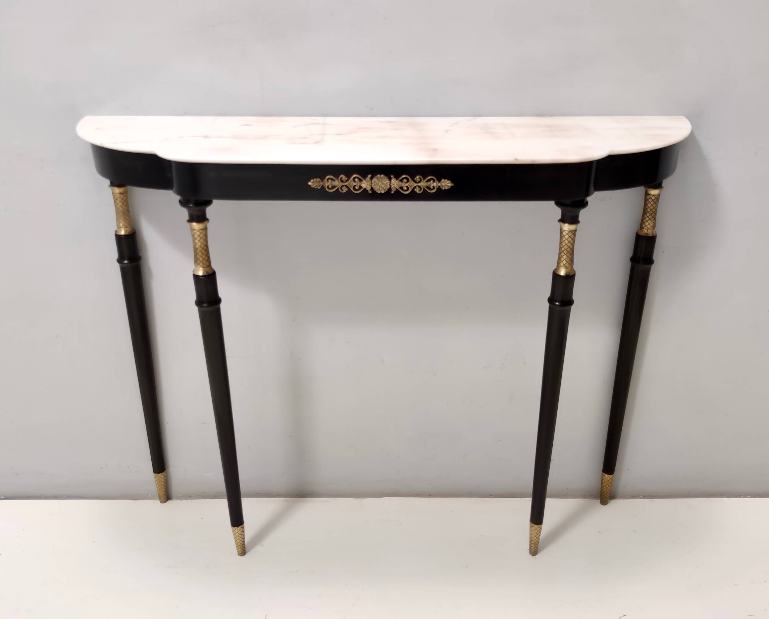 Vintage black lacquered beech console with a portuguese pink marble top, italy