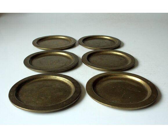 6 heavy weight solid brass coasters, vintage from the 1960s