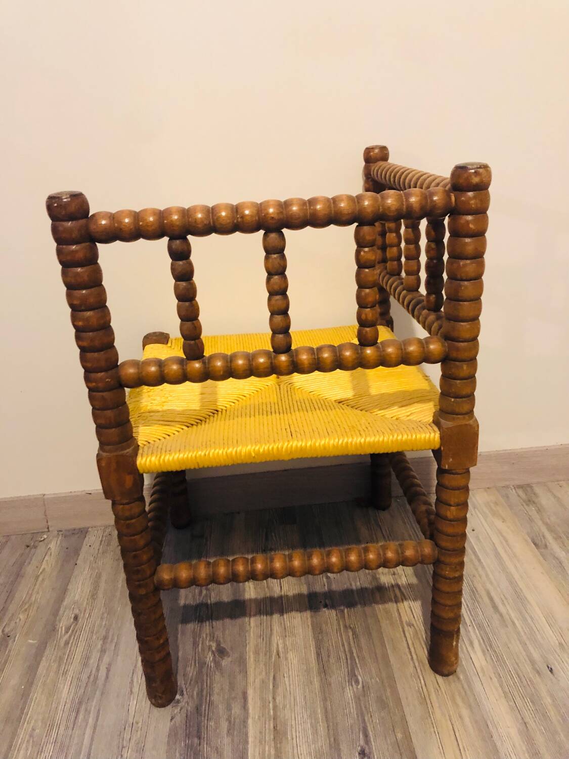 Vintage Art Deco corner chair in bobbin oak and straw, 1930s