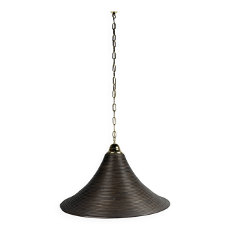 Pencil Reed, Rattan, Bamboo and Brass Pendant Hanging Lamp, Italy, 1970s