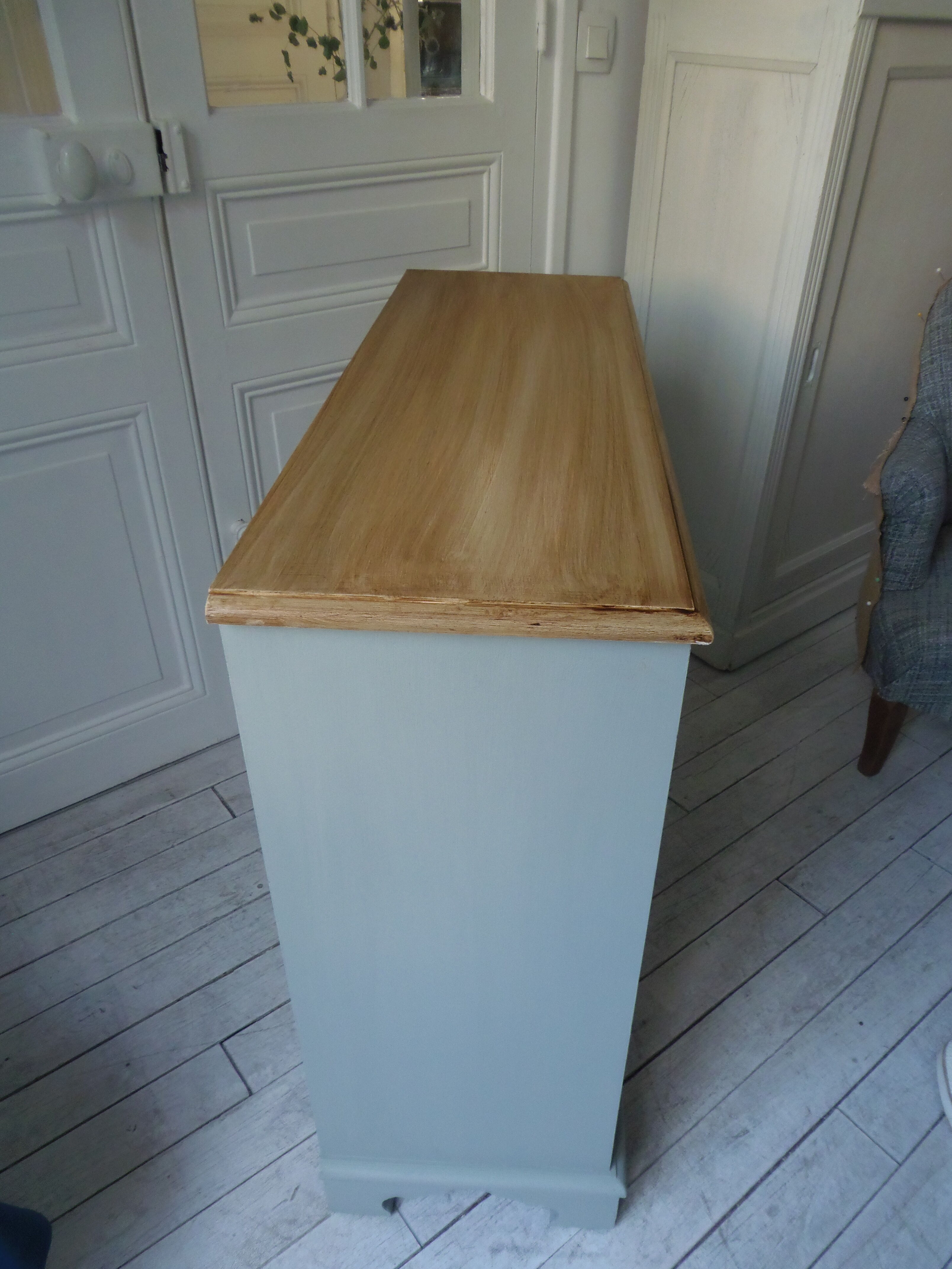 Vintage shoe cabinet green of gray, wooden top.